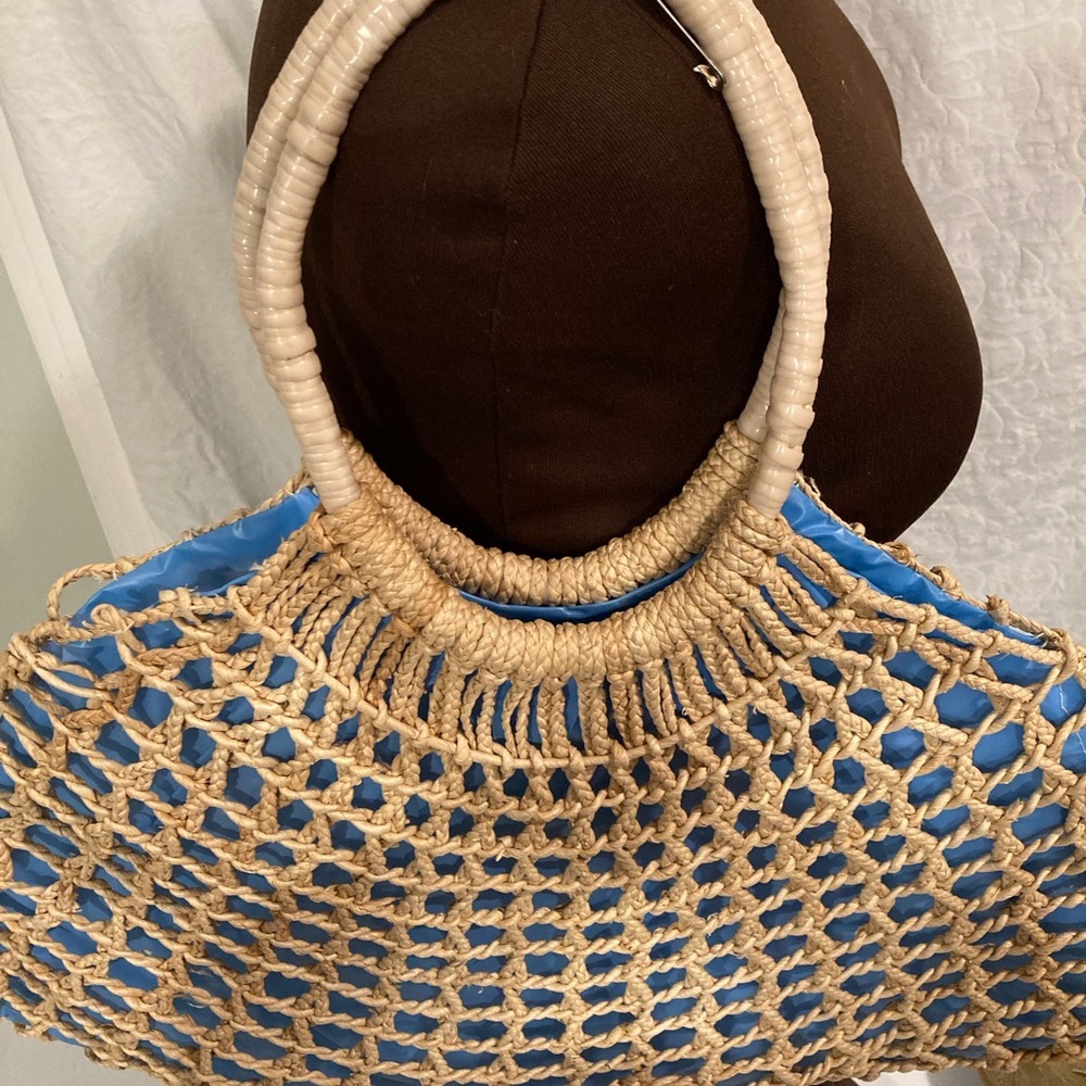 Boho Woven Purse Shopping Tote Lined With Blue Plastic Beach Tote Macrame Look - Picture 5 of 16